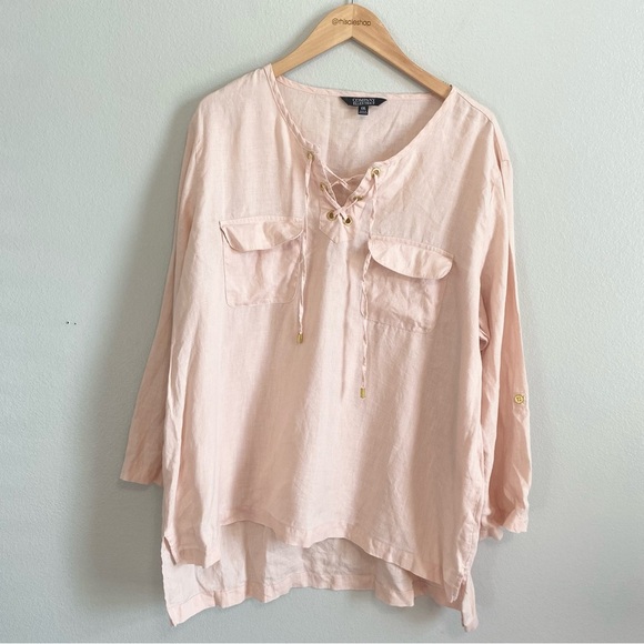 Ellen Tracy Light Pink Long Sleeve Renaissance Lace Up 100% Linen Blouse XXL - Picture 1 of 6